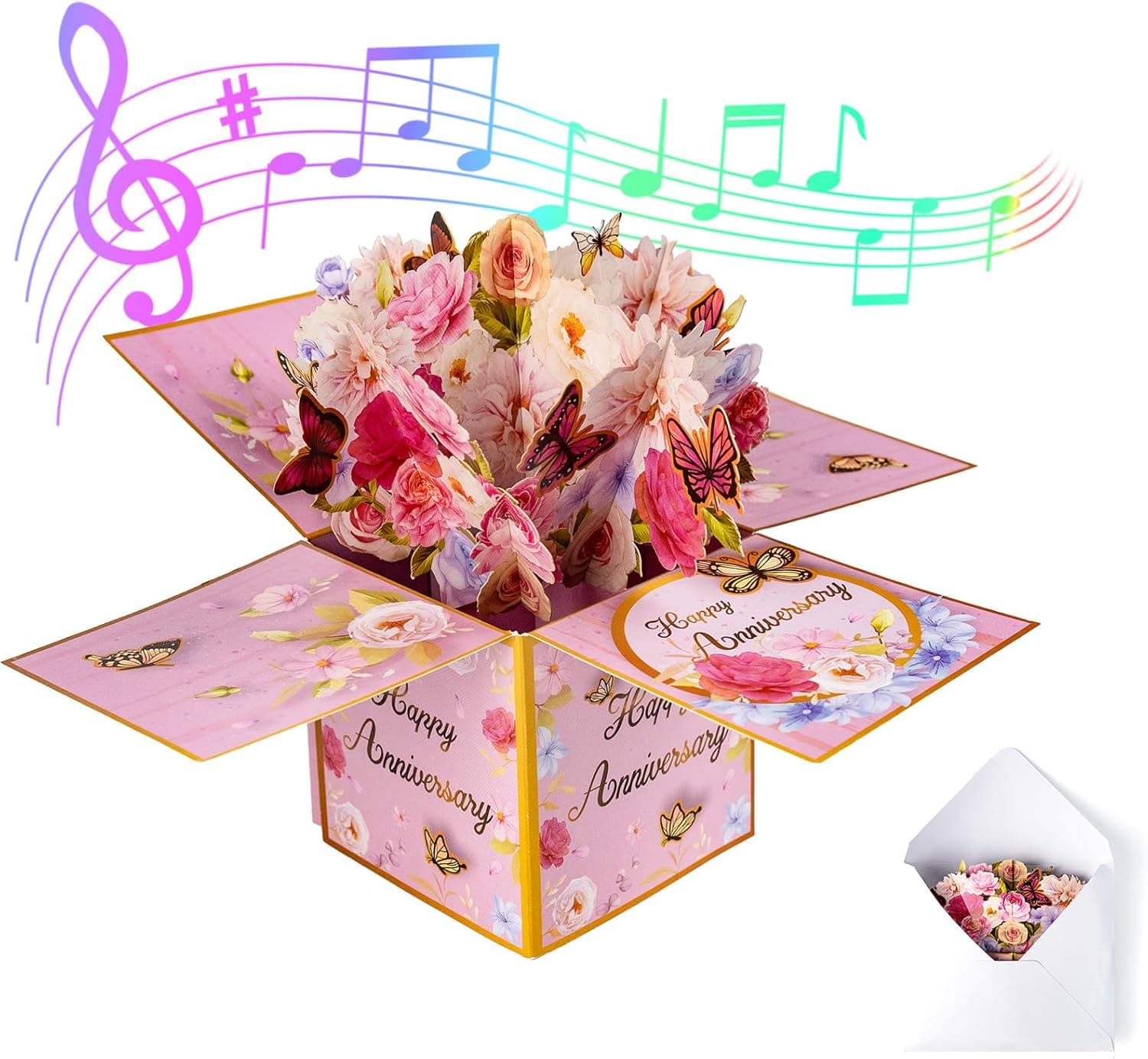 3D Anniversary Pop Up Cards with Music, Romantic LED Light 3D Flower Gift Box, Handmade Foldable Greeting Cards Box with Envelope for Anniversary,Festivals & Special Occasions