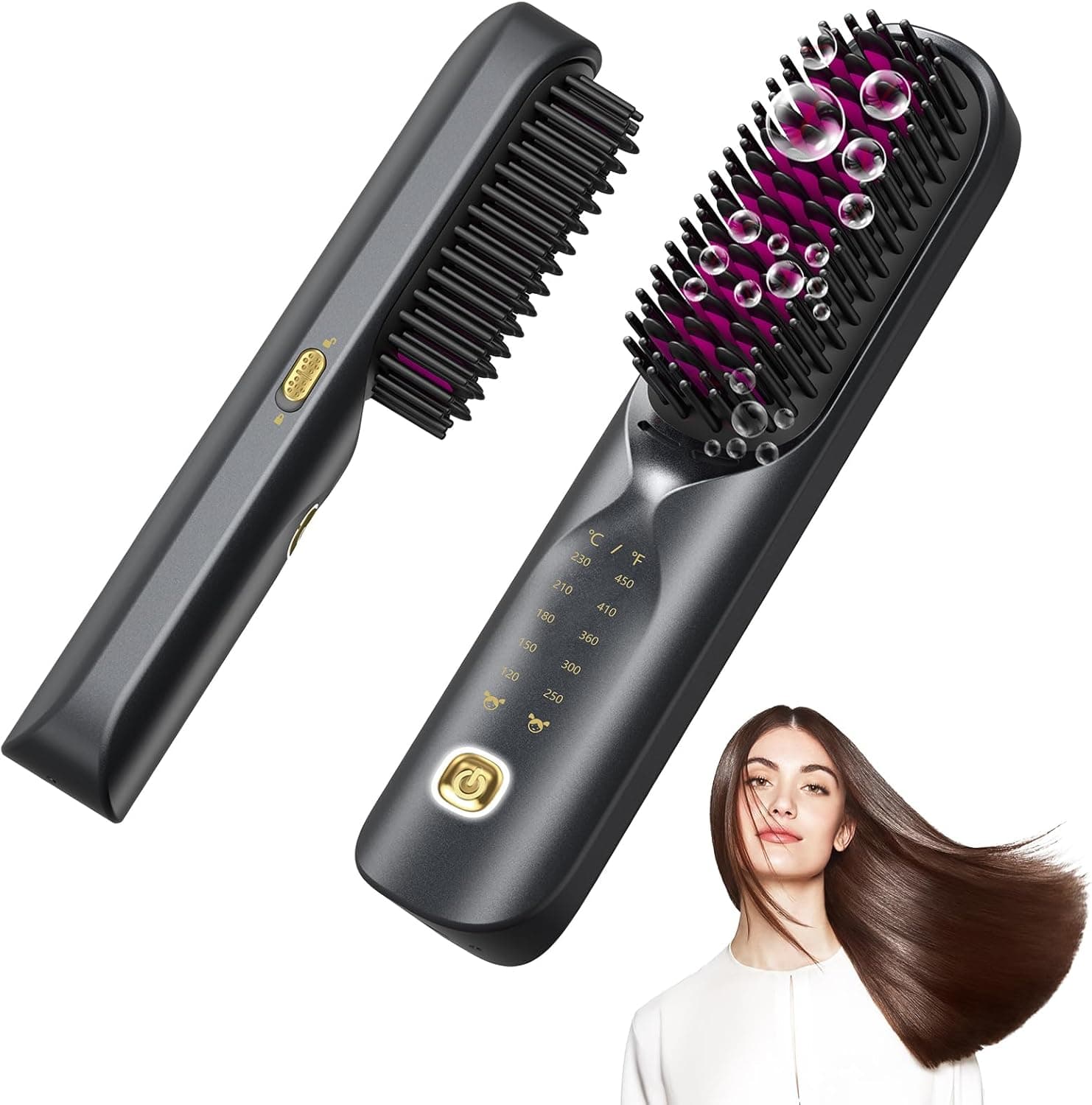 Bopcal Cordless Hair Straightener Brush, Mini Portable Hair Straightening Brush for Travel, Upgraded 300M Anti-Frizz Negative Ions Straightening Comb, 30s Fast Heating, for Long and Short Hair Types