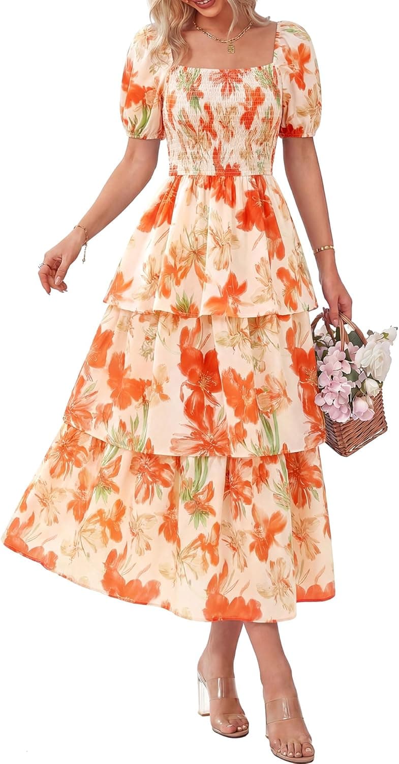 BTFBM Womens Square Neck Smocked Dress Summer Puff Short Sleeve Floral Casual Ruffle Tiered Maxi Wedding Guest Dresses