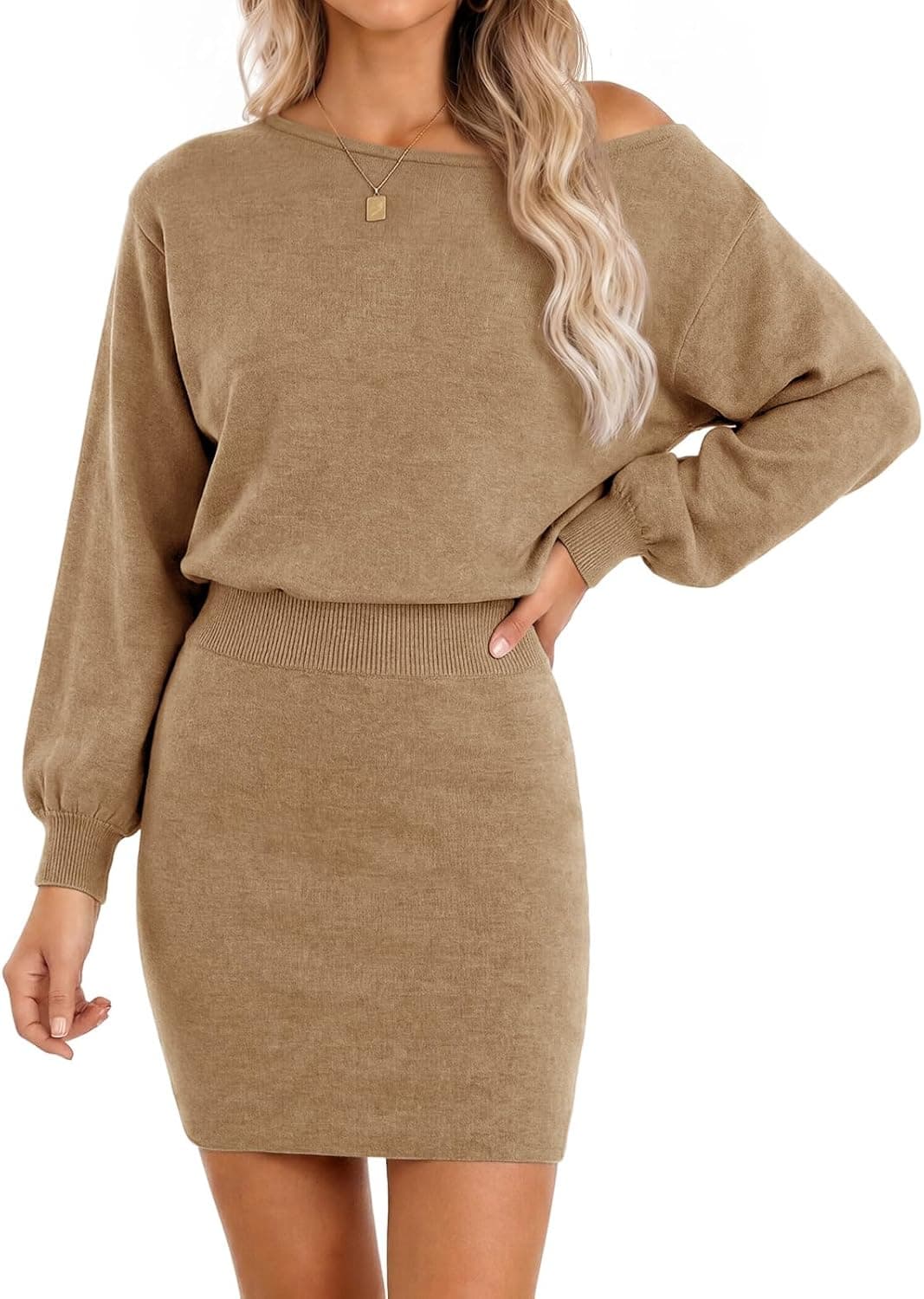 Wenrine Women Off the Shoulder Sweater Dress Long Sleeve Knit Mini Dresses | Fall Winter,Boat Neck,Casual,Stretchy, Elastic Waist,Pullover,Short Dress - image 1