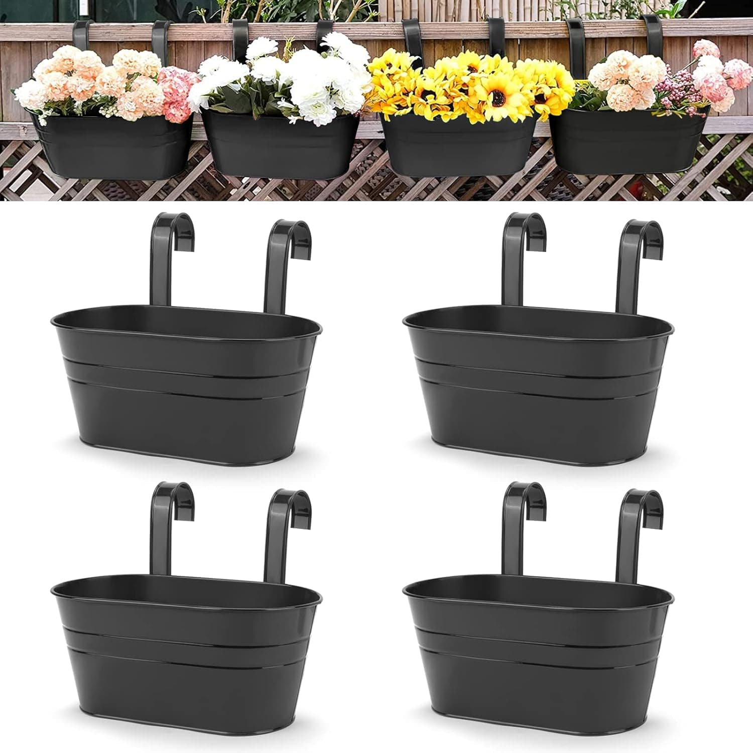4pcs Hanging Flower Pots, Metal Iron Wall Planter Indoor/Outdoor for Railing Fence Balcony Garden Home Decoration with Detachable Hooks