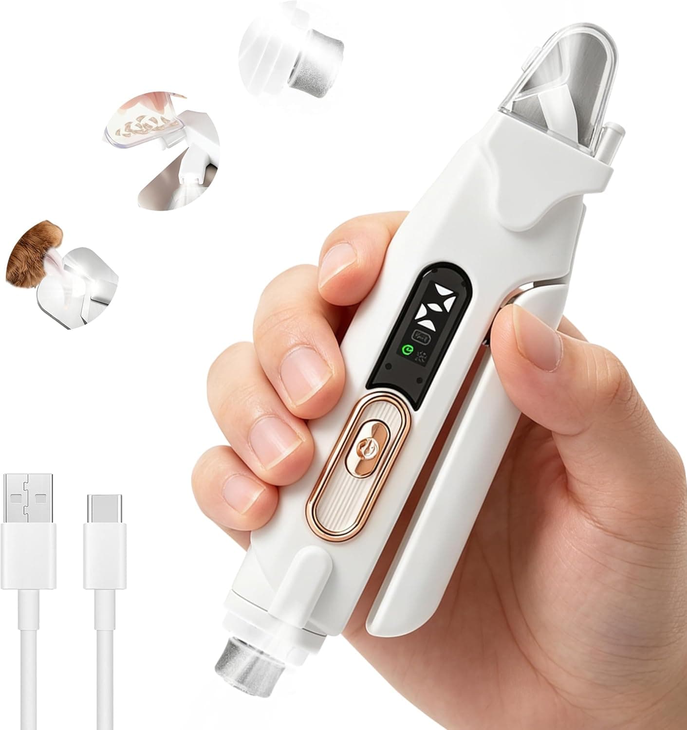 GcwJovialite 2‑in‑1 Dog & Cat Nail Clippers and Grinder with LED Light – Quiet, USB‑C Rechargeable