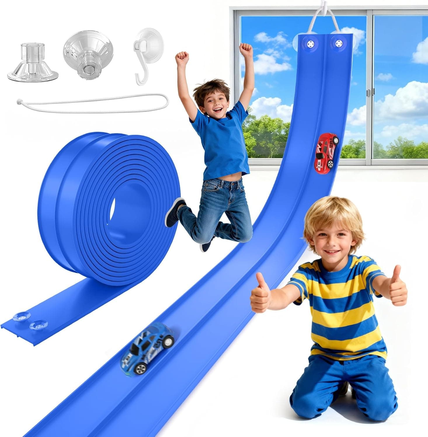 TAEMVV 15 Ft Dual Flexible Race Track for Kids, DIY Ramps Car Track Set Compatible with Hot Wheels 1/64 Diecast Cars, Reinforced Suction Cup for Boys Girls 3+, Solid Blue