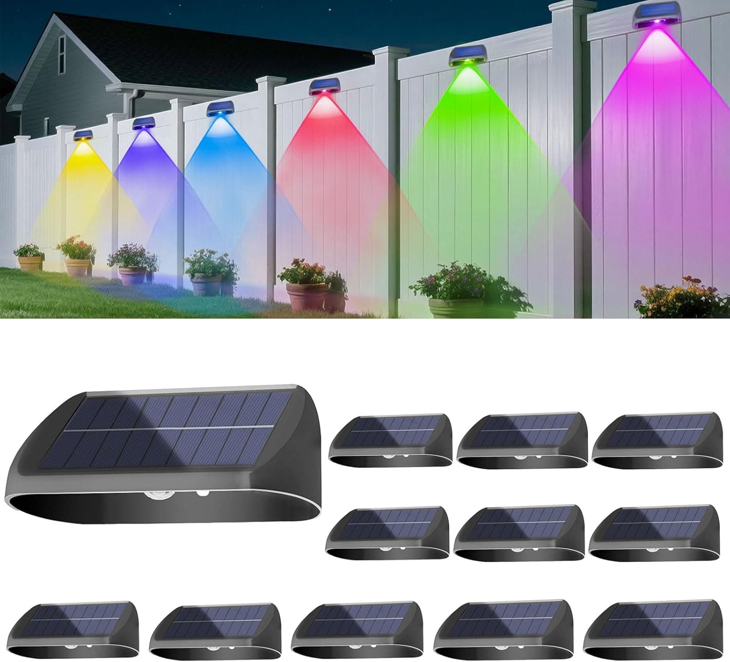 EGOBOO Solar Fence Lights Outdoor Waterproof 12 Pack, 7 Fixed Colors＆RGB Cycling Mode for Holiday Decor, Outside Solar Powered Backyard Lighting for Deck/Wall/Railing/Step/Patio/Pool Porch