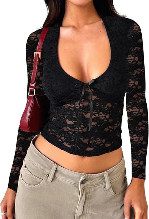 Falechay Women's Lace Long Sleeve Y2K Slim Fit Going Out Top