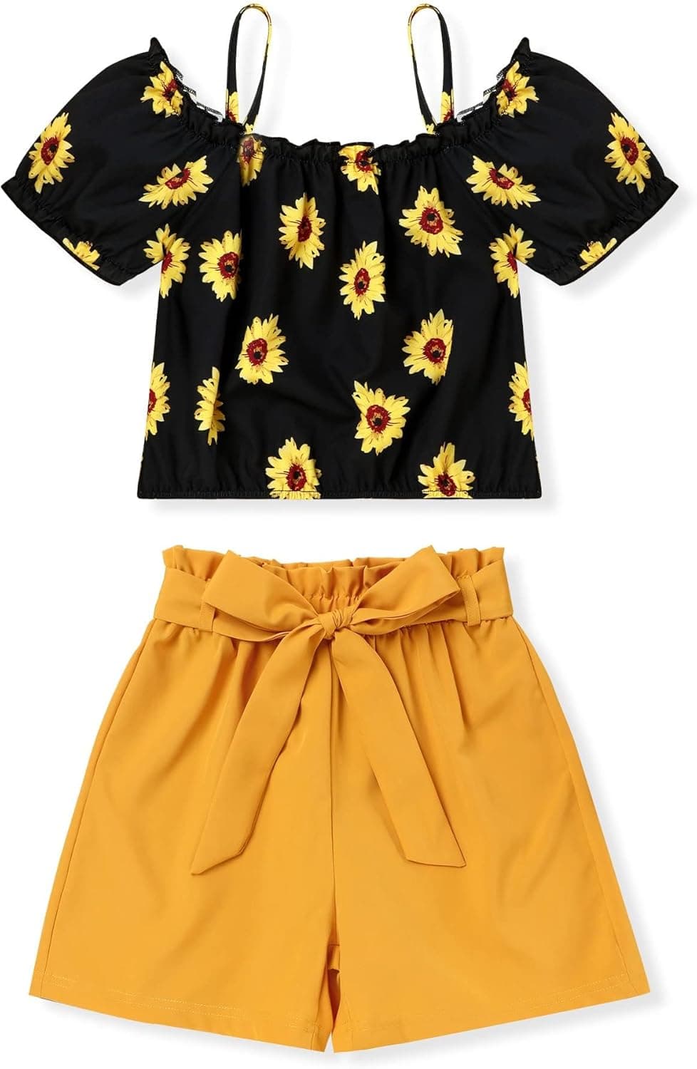 Hipea Girl Summer Clothes 2-Pieces Outfits Printed Off-the-Shoulder Top and Solid Shorts Set Girls Clothes Size 6-12Years