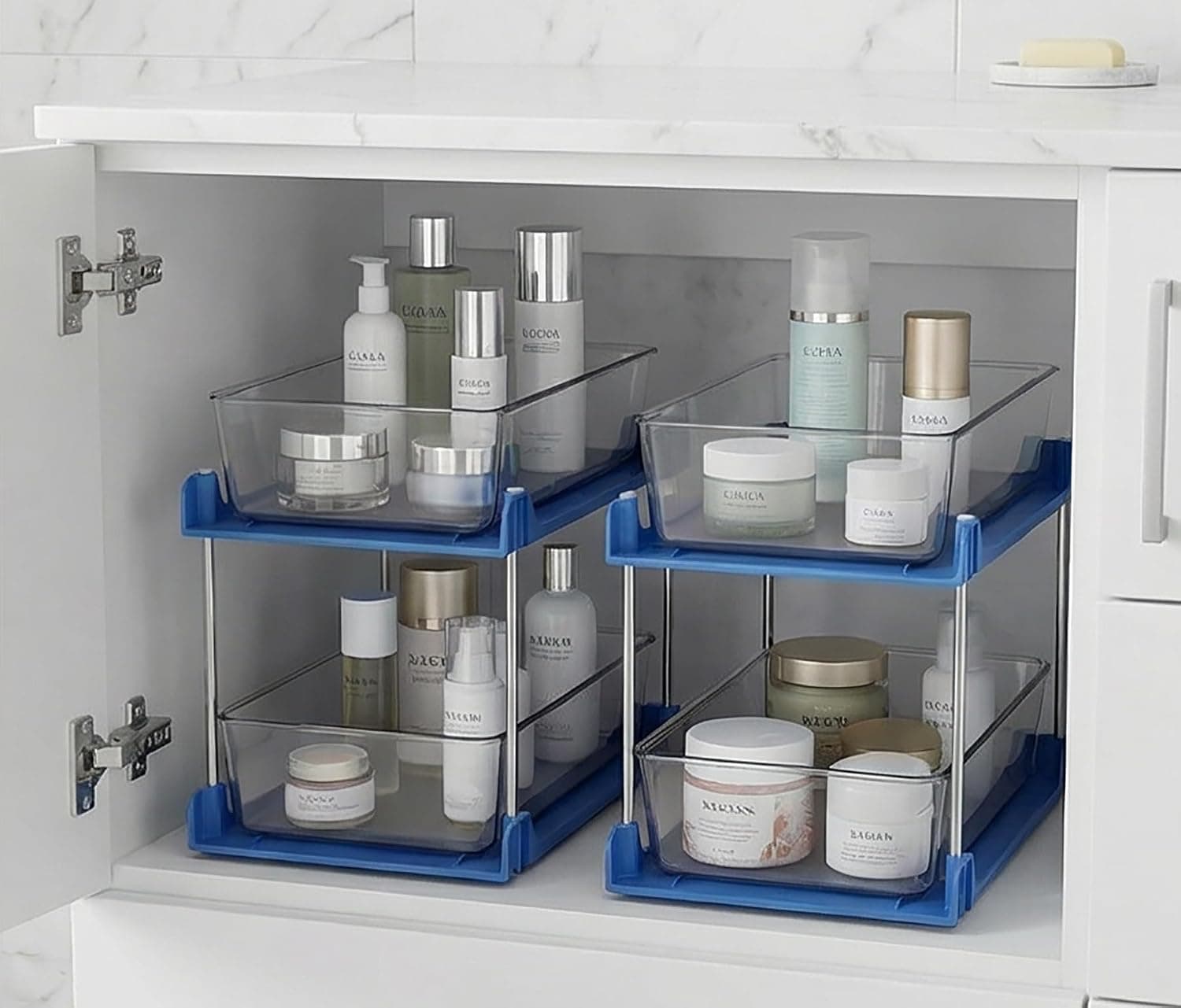 2 Pack Bathroom Organizer,2 Tier Blue Under Sink Organizers Vanity Countertop Storage Container,Cabinet Drawers Bins, Pull-Out Organization with Track for Pantry, Kitchen