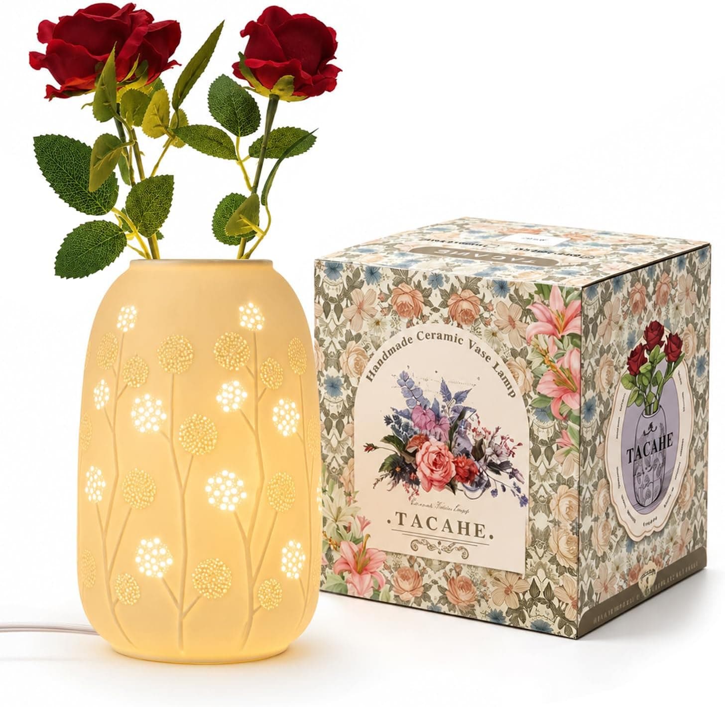 Ceramic Vase Table Lamp, 2700K Bulb & 3 Artificial Flowers Included, E12 Socket, Inline Switch, Handmade Openwork Craft, Ambient Light for Living Room Bedroom - Dandelion 9" - image 1