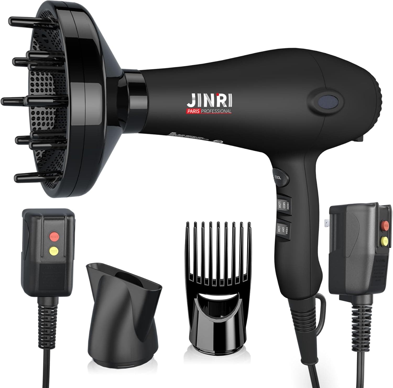 Blow Dryer - JINRI 1875W Diffuser Hair Dryer for Salon & Personal Use – Powerful, Fast Drying with Diffuser, Comb & Nozzle for Women & Men, with ALCI Safety Plug, Black - image 1