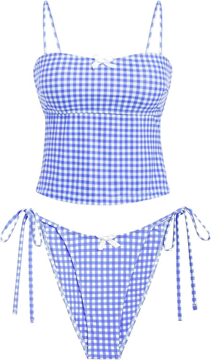 Womens Tankini Sets Sexy Open Back High Cut Cheeky Bikini Two Piece Swimsuit 2 Piece Bathing Suits Sky Blue Gingham S - image 1