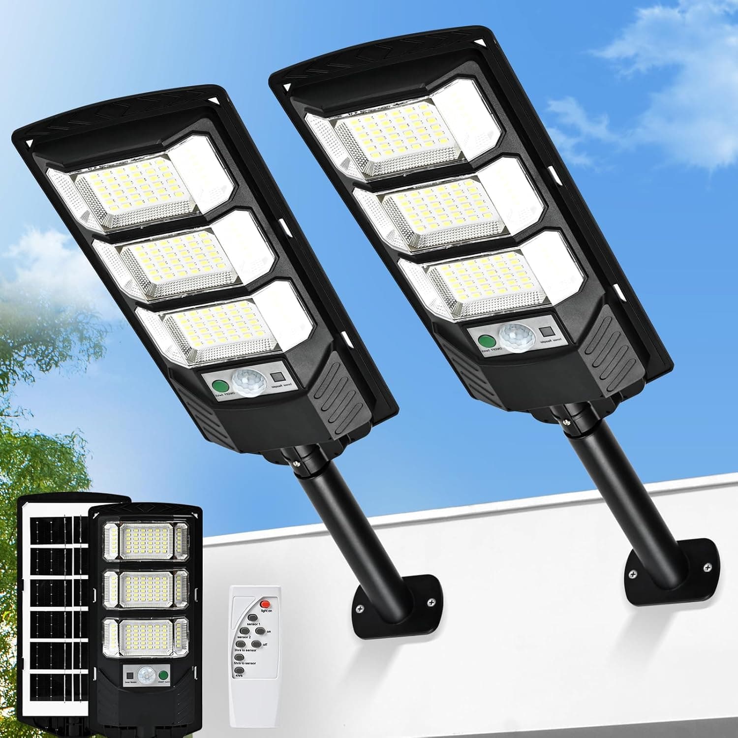 Solar Lights Outdoor Waterproof 2 Pack, 6500k Solar Flood Light Dusk to Dawn, Solar Street Lights with Motion Sensor & Remote Control, LED Solar Parking Lot Lights for Yard, Ground, Garden