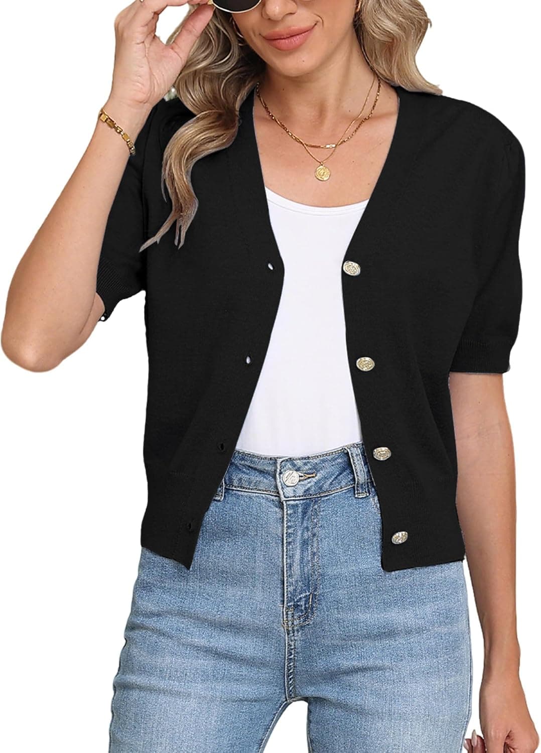 COSSEN Women's Open Front Cardigans Button Down Short Sleeve Summer Trendy Lightweight Crochet Knit Sweaters
