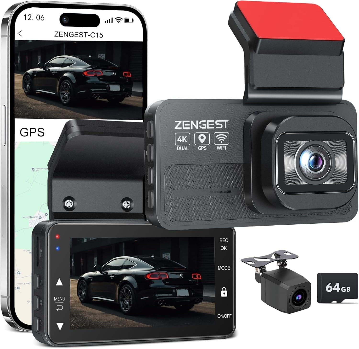 Dash Cam Front and Rear, 4K+1080P FHD Dual Camera with ADAS, GPS, 5G WiFi & App Control, 64GB Card Included, G-Sensor, Night Vision, Loop Recording, 170°Wide Angle, WDR, 24H Parking Mode
