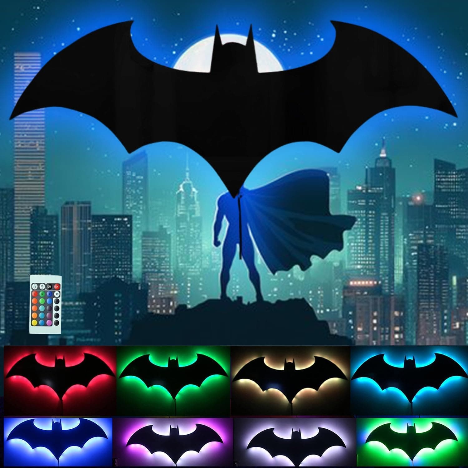 Superhero LED Lamp Decor Night Light with 16 Colors Remote, Wall Sconce, Acrylic Engraved, Kids Room Wall Lamp, Mirror (Black)
