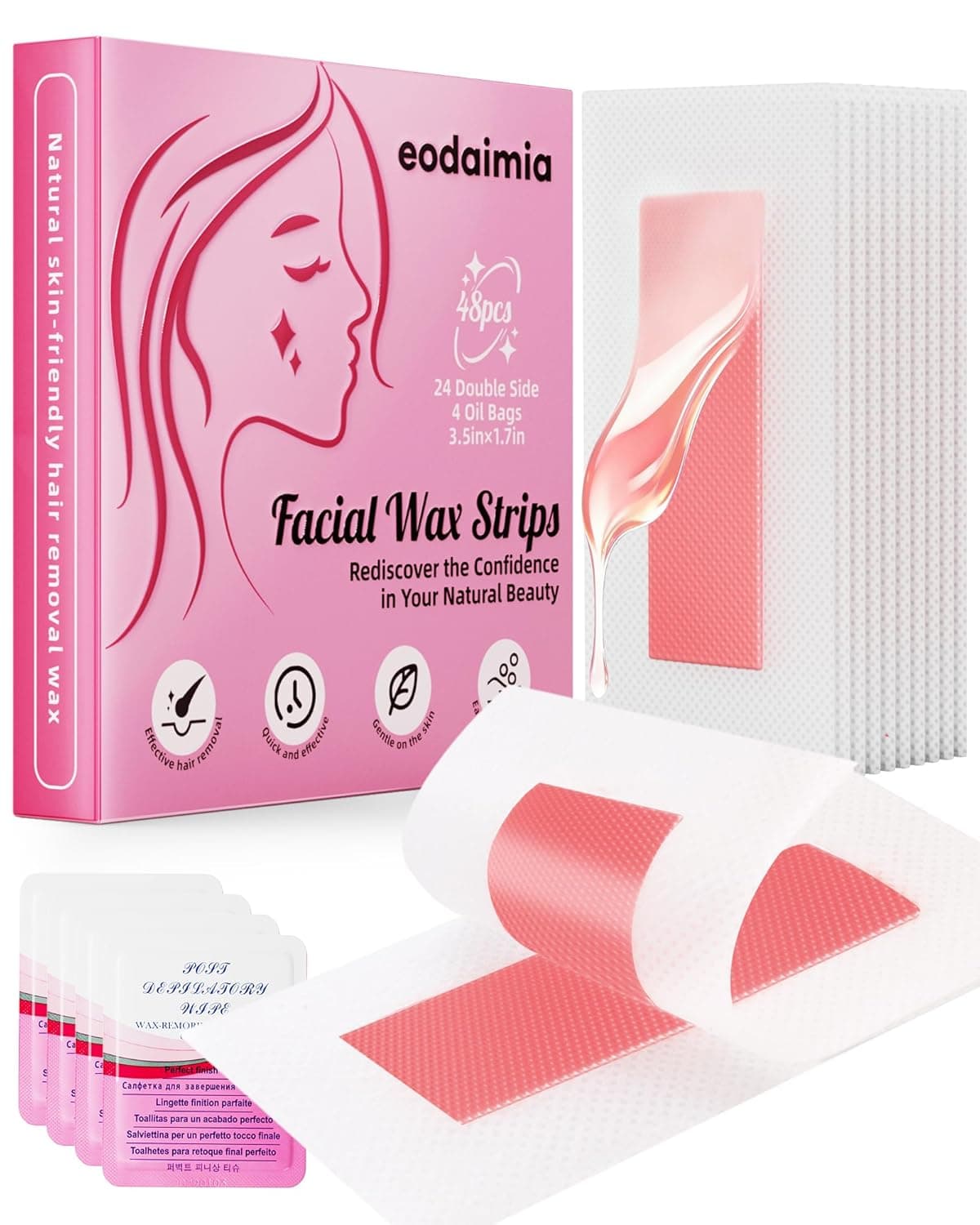 eodaimia 48pcs Wax Strips For Face, 48 Facial Wax Strips For Women, Waxing Kit For Women's Face, Eyebrow, Lip, Chest, Body & 4 Calming Oil Wipes, Face Waxing Strips For All Skin Types