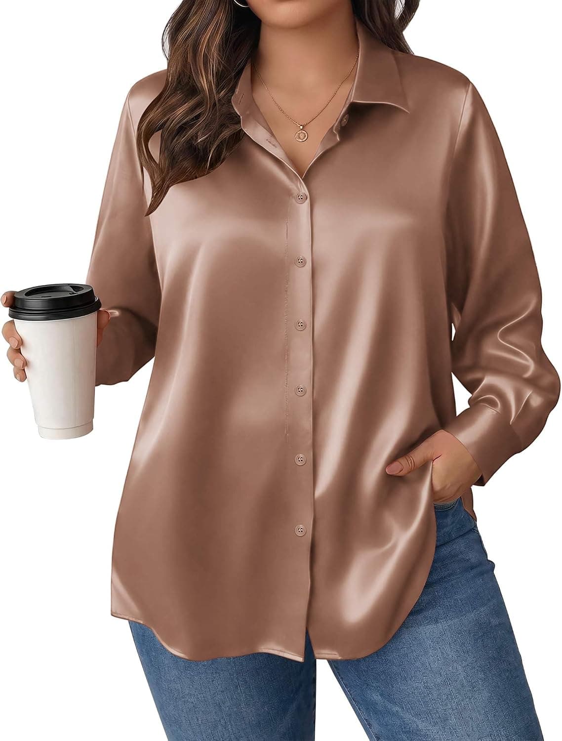 IN'VOLAND Women Plus Size Satin Blouses Long Sleeve Button Down Silk Shirts - image 1