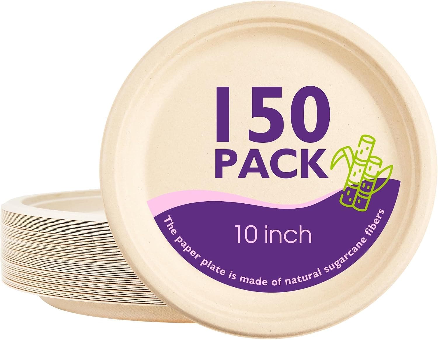 10 Inch Compostable Paper Plates (150 Pack) - Sugarcane Bagasse, Heavy Duty, Microwave Safe