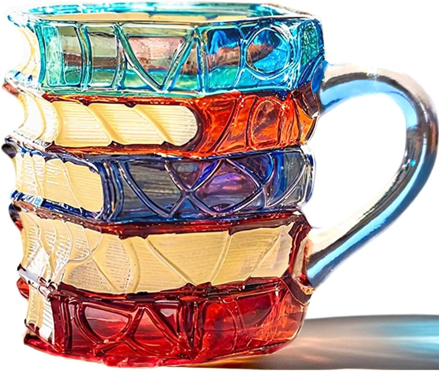 Handmade Painted Book Coffee Mug, 7 oz Glass Cup, Stacked Books Design with Colored Handle, Gift for Readers and Book Lovers (Colorful, Small)