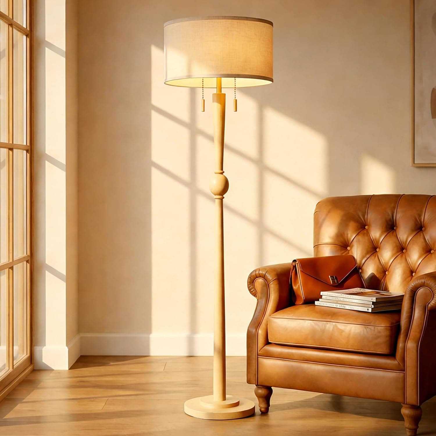 MOFFE 62.8" Solid Wood Floor Lamp,Tall Standing Floor Lamp with 2-Light Pull Chain, 17" Linen Drum Shade, Sculptural Wood Base & Stem,Transitional Floor Lamp for Living Room Bedroom, Includes 2 Bulbs - image 1