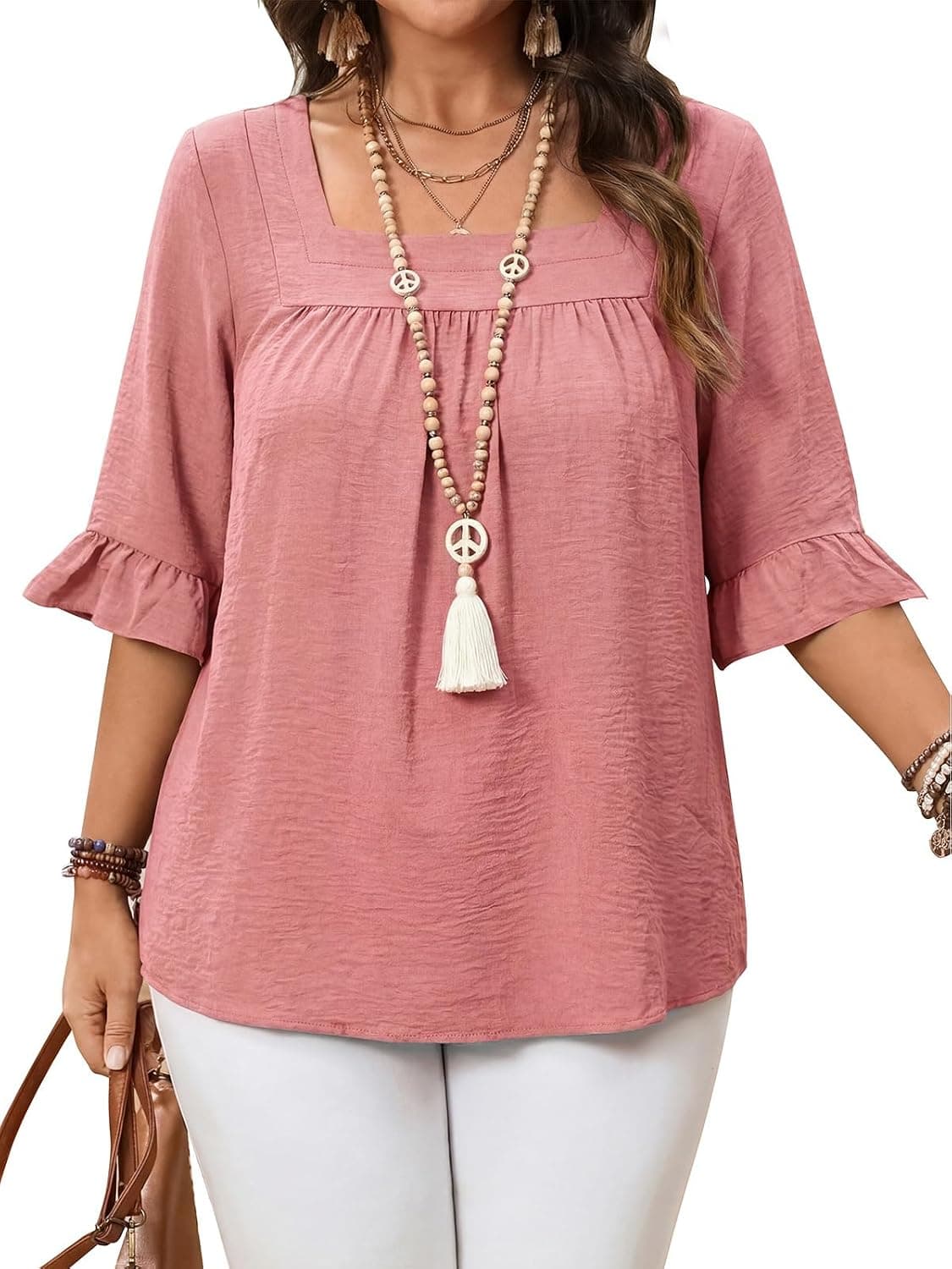 Womens Plus Size Tops Square Neck Blouse Boho Top Chiffon 3/4 Sleeve Ruffle Shirt Cute Tunic 2026 Spring Summer - image 1