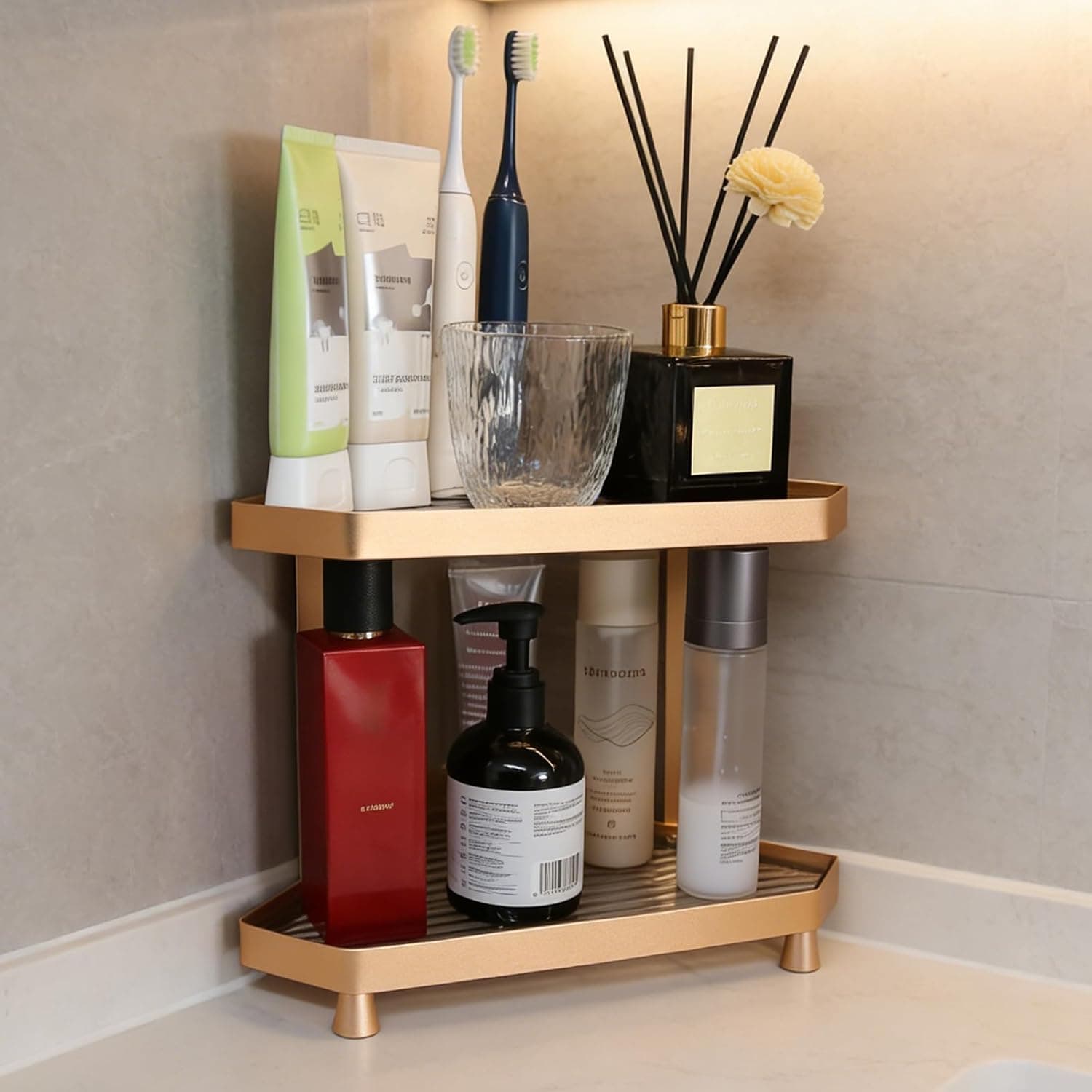 YUPER Corner Bathroom Counter Organizer, 2 Tier Countertop Corner Shelf for Perfume, Makeup Organizer, Skincare Organizers, Vanity Storage Tray for Bedroom, Bathroom Sink Shelf