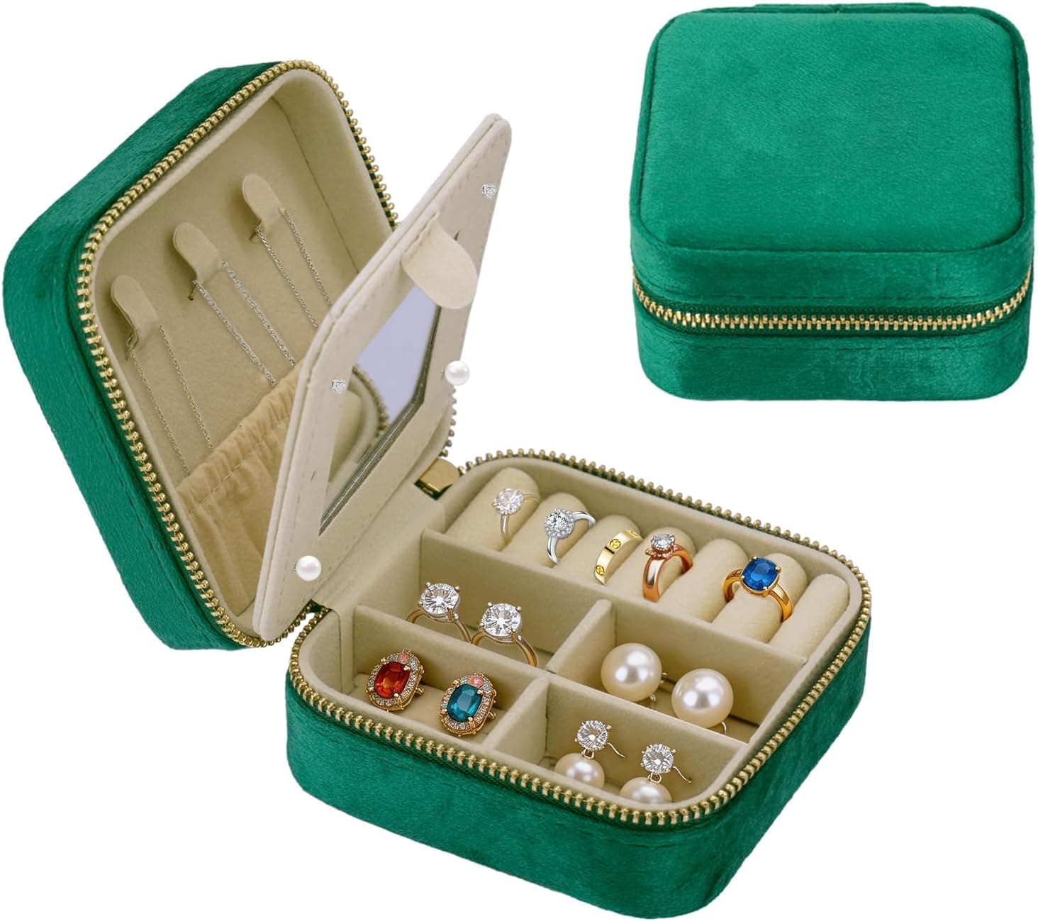 Travel Jewelry Case for Women, 3.93" × 3.93" Portable Small Velvet Jewelry Organizer Travel with Mirror, Mini Jewelry Box for Earrings, Rings, Necklaces (Dark Green)