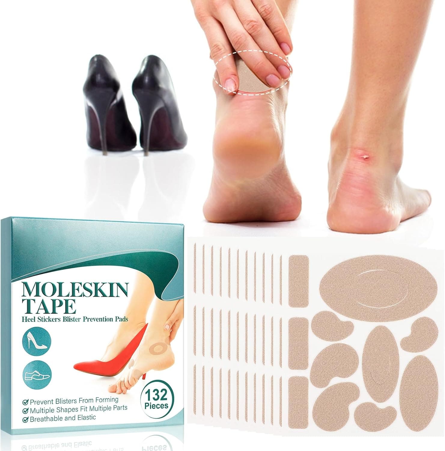 132PCS Moleskin Adhesive Pads for Feet – Blister Prevention & Heel Protection (12 Sheets)