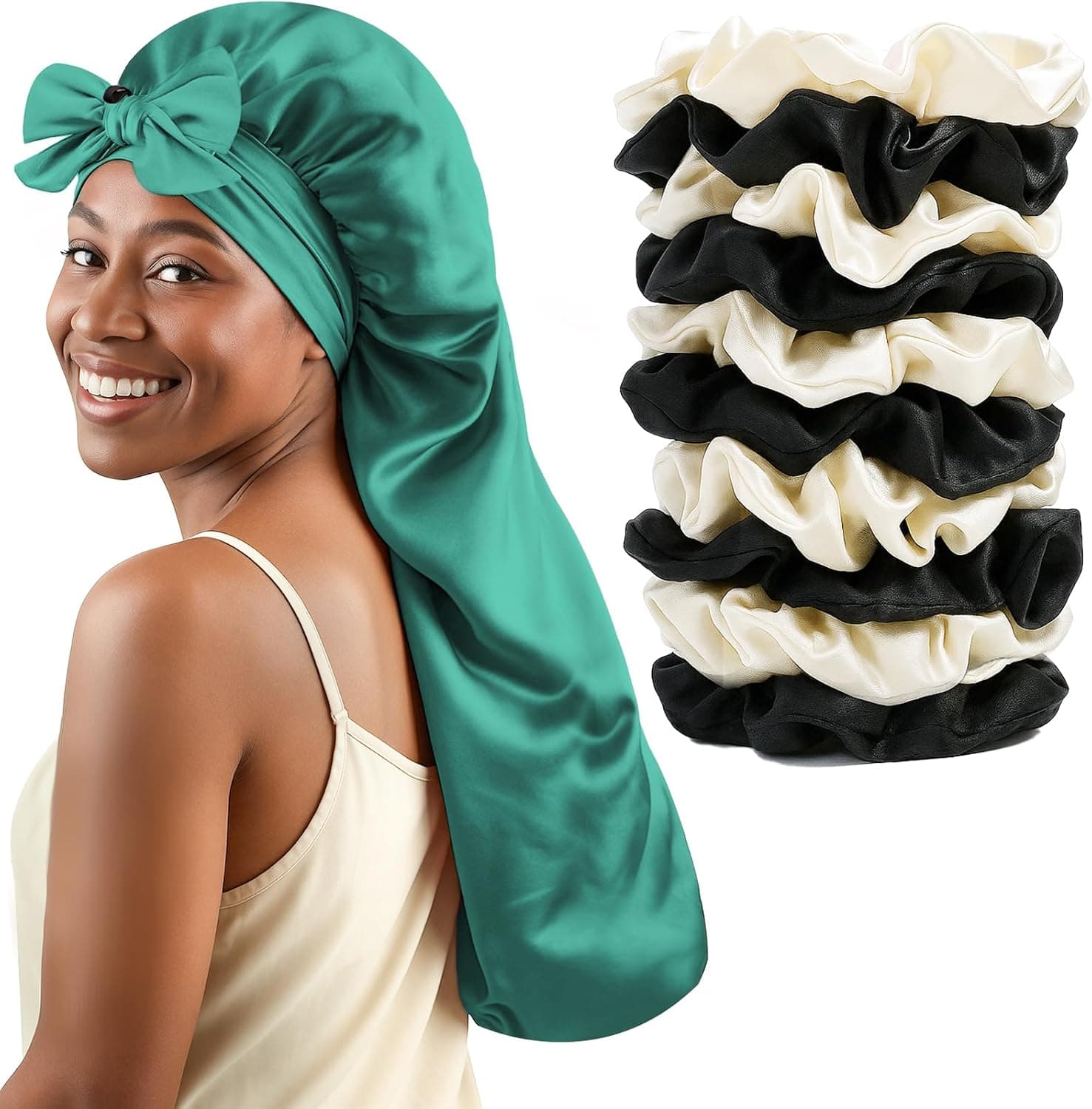 Women's Silky Bonnet - Long Tie Sleep Cap, Curly/Natural Hair, Adj. Night Hat, +10 Scrunchies, Mom/Wife