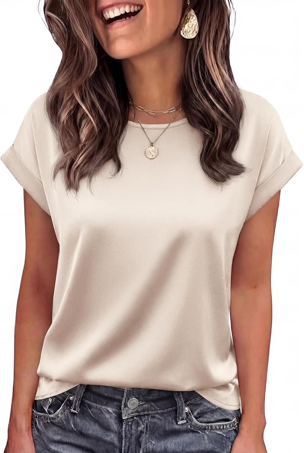 BTFBM Summer Tops for Women 2026 Dressy Satin Blouses Loose Crew Neck Short Sleeve Shirts Work Business Casual Outfits - image 1