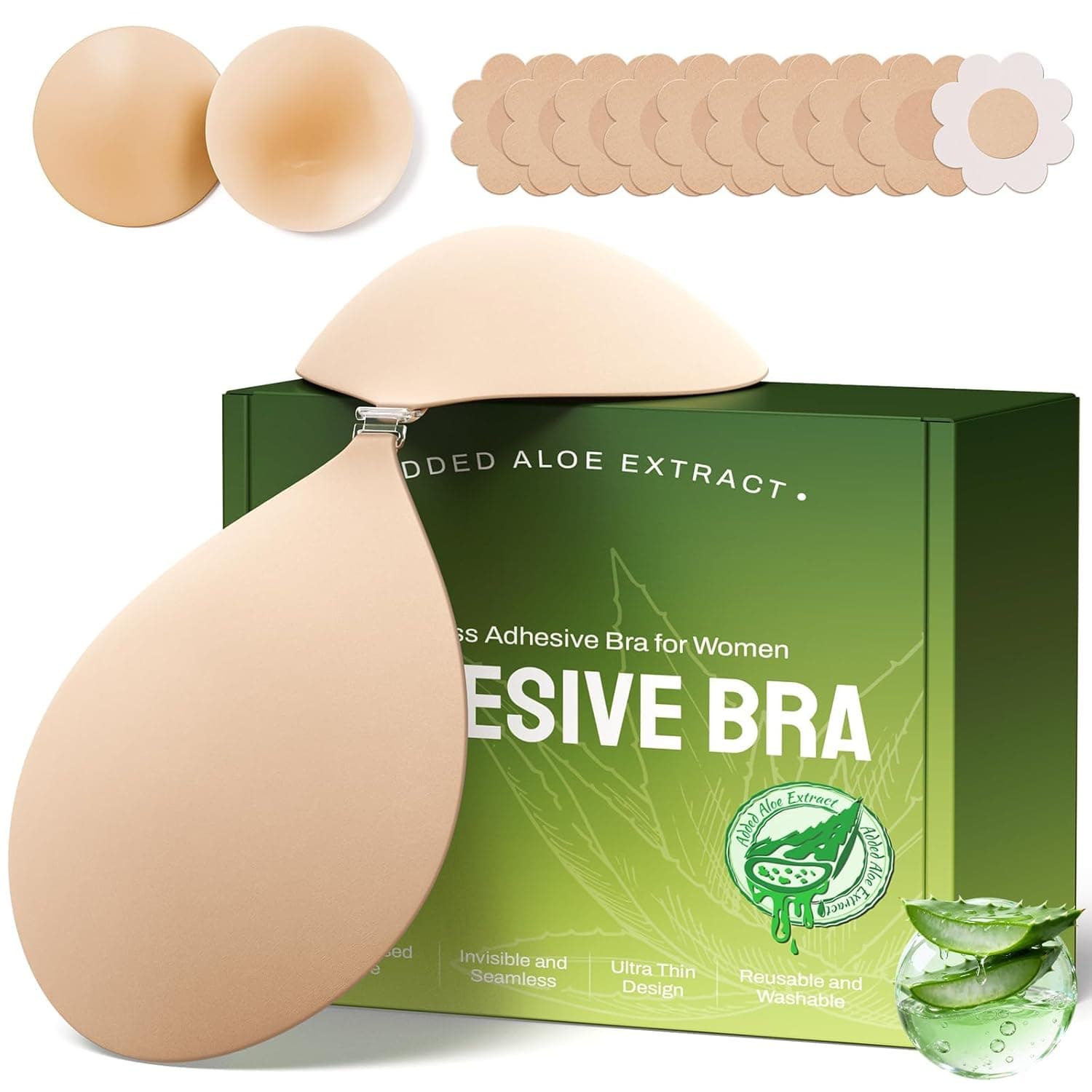 Ultra Invisible Sticky Bra Push Up, Strapless Adhesive Bra for Women's Exotic Bras, Reusable Silicone Sticky Boobs for Backless Dress (D Cup, Beige)