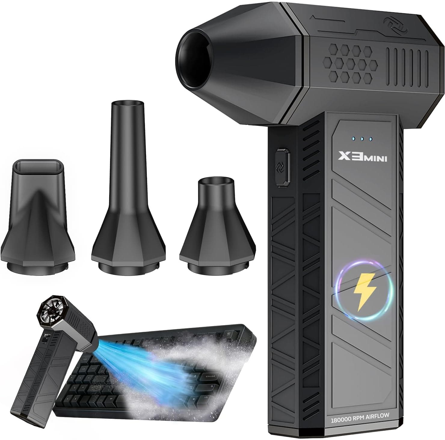 Compressed Air Duster, 180000RPM Electric Air Duster, Rechargeable Cordless Air Blower with 3-Gear Turbo Fan, Canned Air Alternative for Keyboard, PC, Computer, Car, Home & Outdoor Use (Pure Black)