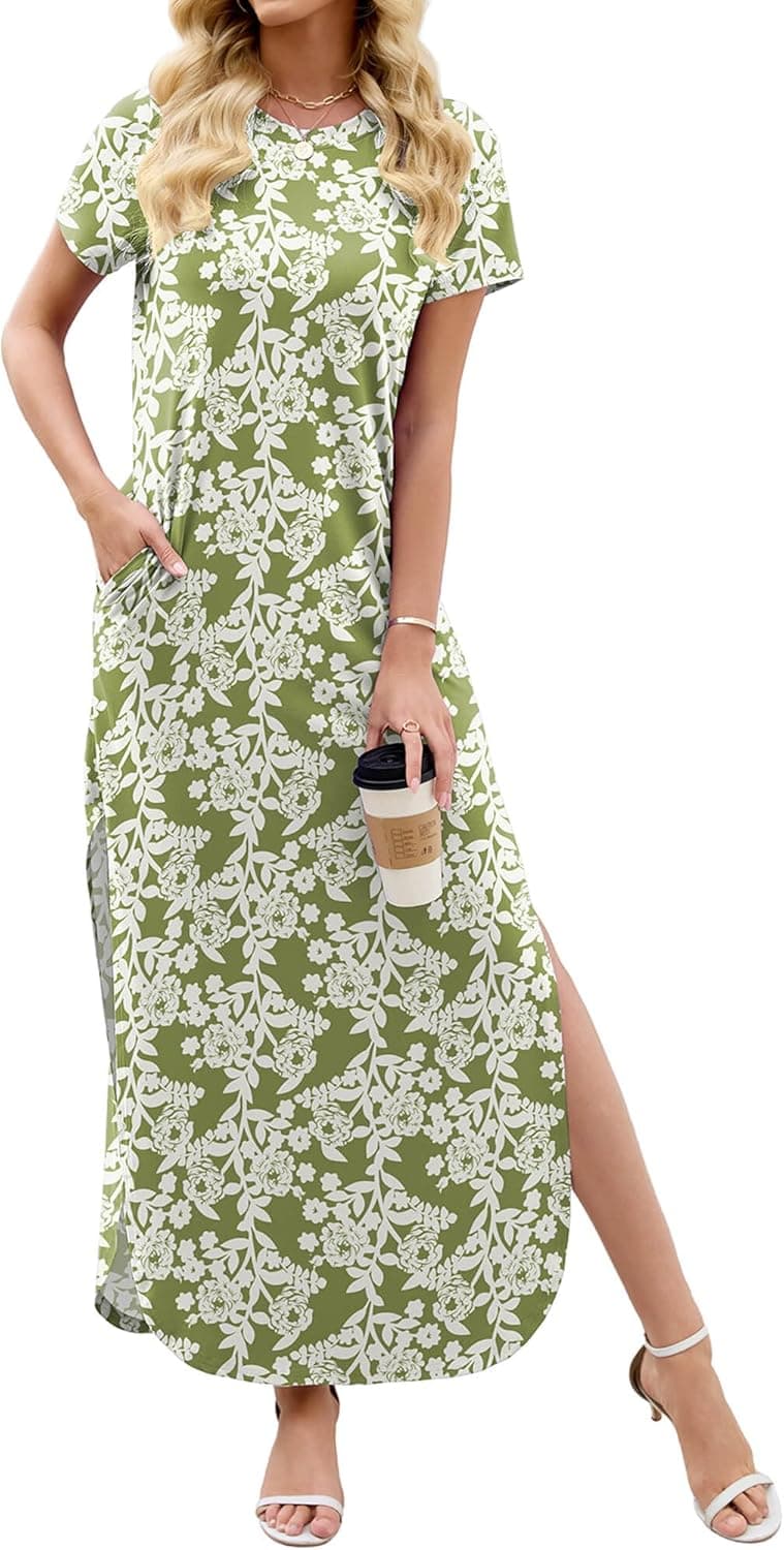 Heymoments Womens Summer Maxi Dress Short Sleeve Casual Loose Long T Shirt Split Vacation Beach Sundress with Pockets - image 1