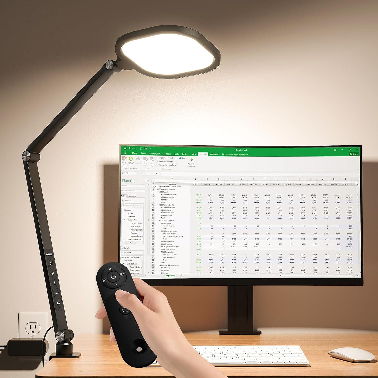 LED Desk Lamp with C Clamp for Home Office, 30 Modes for Video Conference Light, Adjustable Swing Arm, Remote, Memory, Timer, CRI>95, Eye-Caring Light for Video Recording, Calls, Computer, Webcam