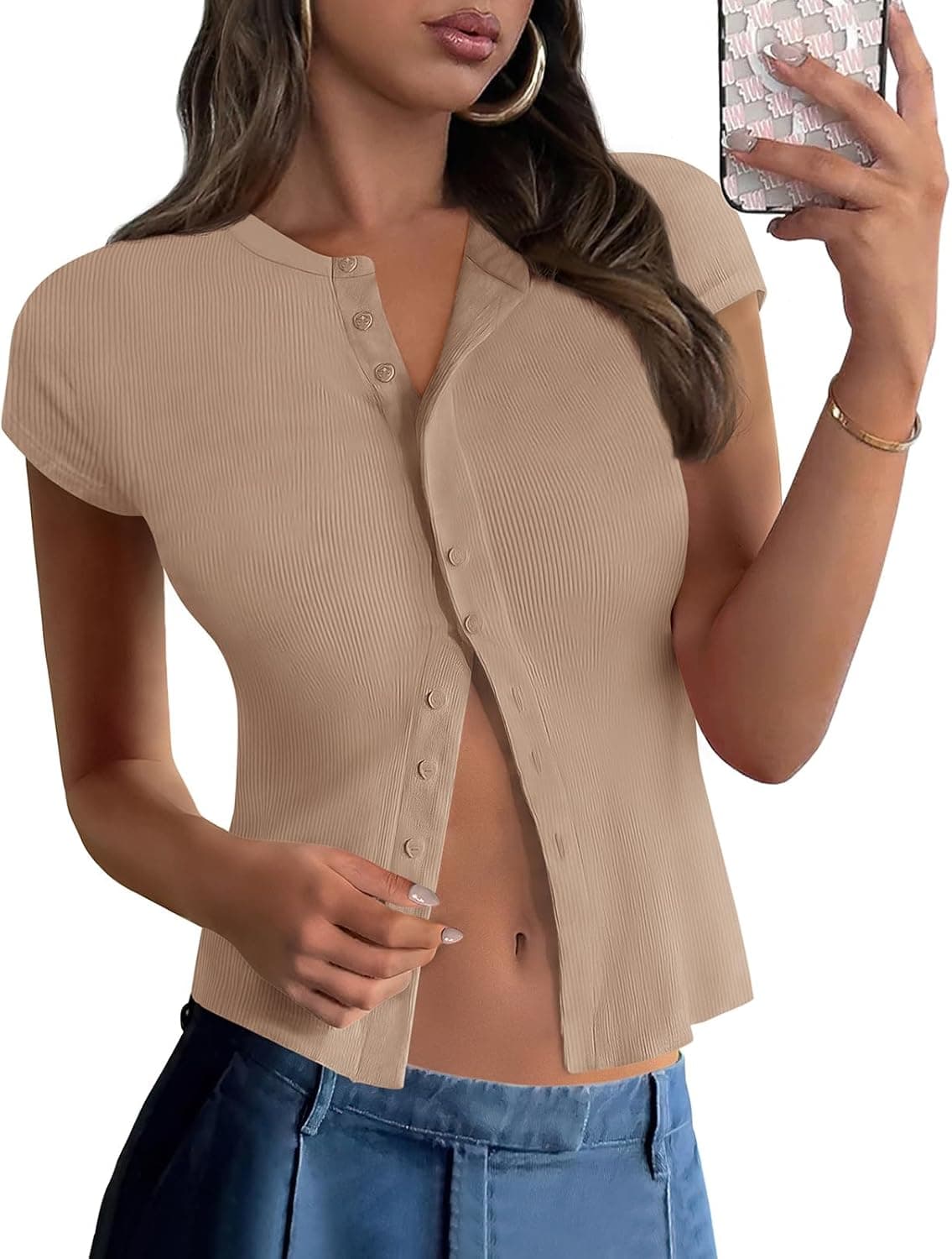 PRETTYGARDEN Women's Short Sleeve Summer Tops 2025 Trendy Ribbed Knit Button Up Tight Basic Tees Shirts Going Out Y2K Clothes - image 1