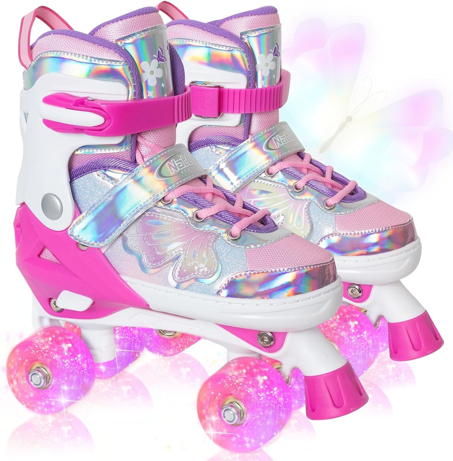 Kids Roller Skates for Girls Boys Butterfly & Flower - 4 Size Adjustable with Light Up Wheels