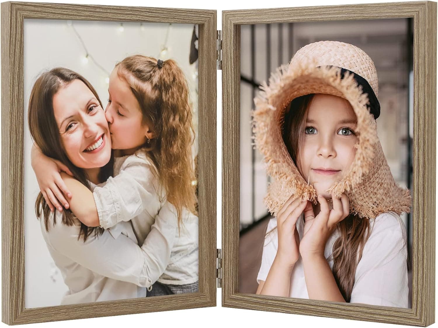 5x7 Double Picture Frames Hinged Folding Photo Frames Vertical Stand Frames (Wood Grain) - image 1