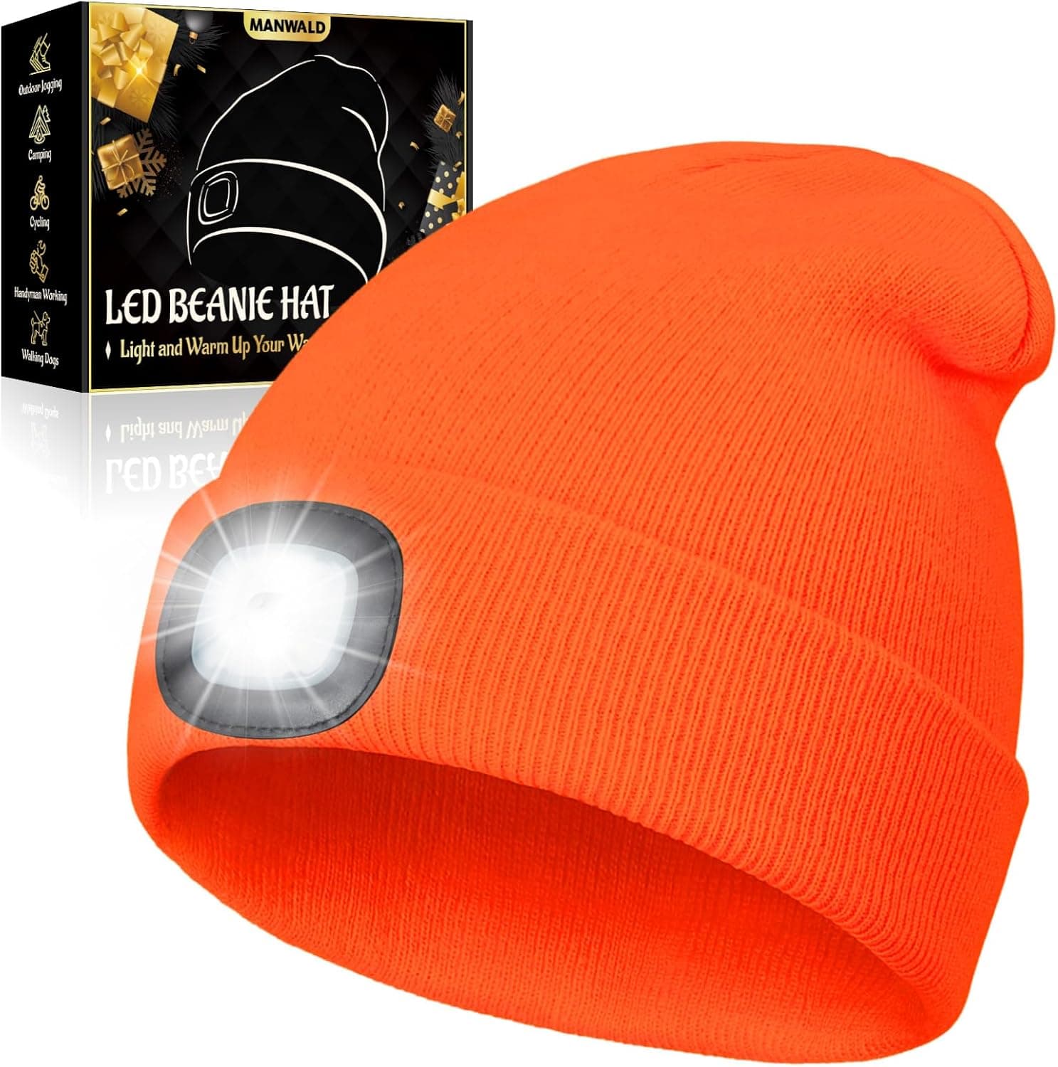 LED Beanie Hat with Light, USB Rechargeable LED Headlamp, Fathers Day Dad Gifts for Men, Birthday Gifts for Women Adults, Gifts for Him Dad Husband, Boyfriend, Orange