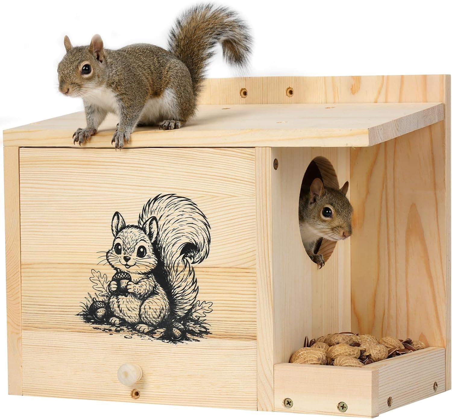 Large Squirrel House for Outside, Waterproof Squirrel Nesting Box with Squirrel Feeder, Anti-Predator Solid Wood Wildlife Shelter for Backyard, Easy to Assemble, 14×11×7.5 Inch