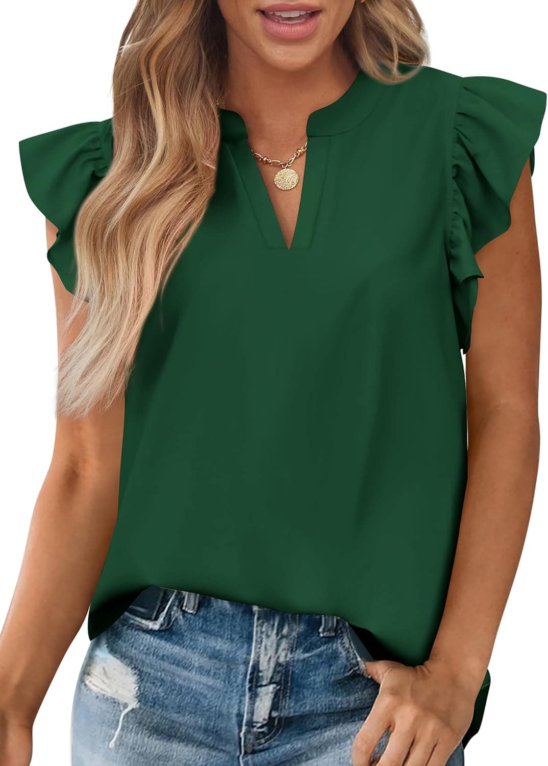 Zenlonr Womens Summer Tops 2026 Casual V Neck Ruffle Cap Sleeve Blouse Shirts Solid Color Tunic Tops - image 1