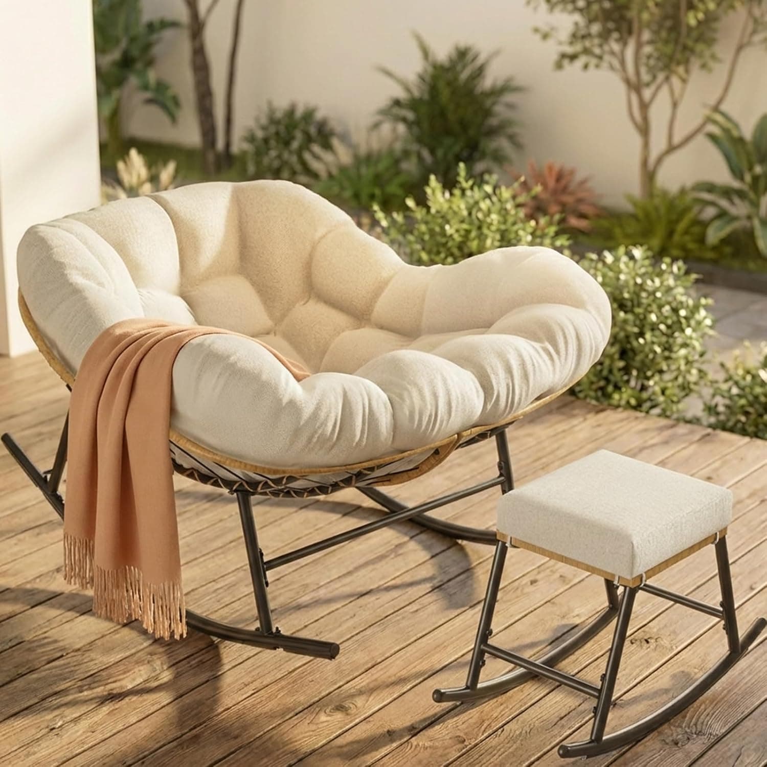 Easyego Oversized Papasan Rocking Chair with Ottoman for Indoor Outdoor Use, Comfortable Wicker Rocker with Cozy Thicken Cushion for Deck, Balcony, Poolside, Lawn, Bedroom, Living Room, Soft White