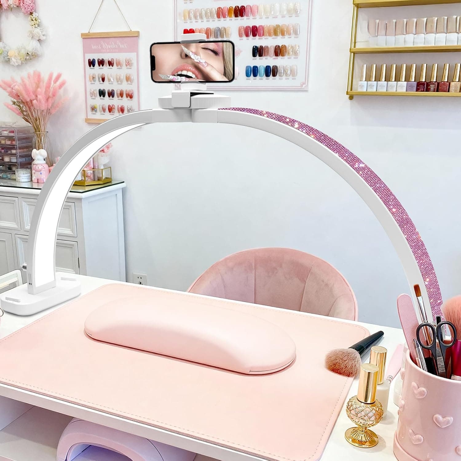Half Moon Light for Nail Desk 31" Foldable LED Nail Desk Lamp with Phone Holder, Professional Nail Tech Light for Manicure & Beauty Studio