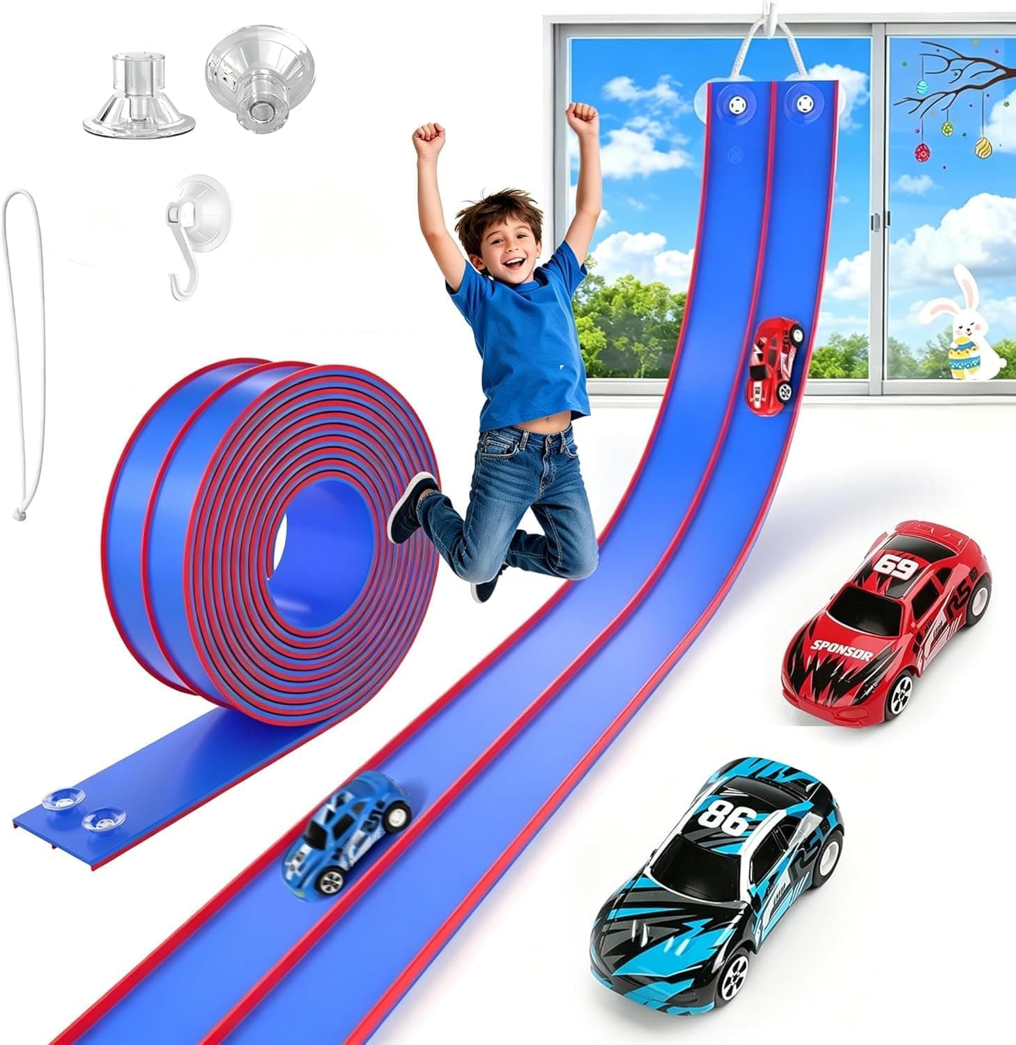 TAEMVV 15 Ft Dual Flexible Race Track for Kids, DIY Ramps Car Track Set with 2 Toy Cars Compatible with Hot Wheels 1/64 Diecast Cars