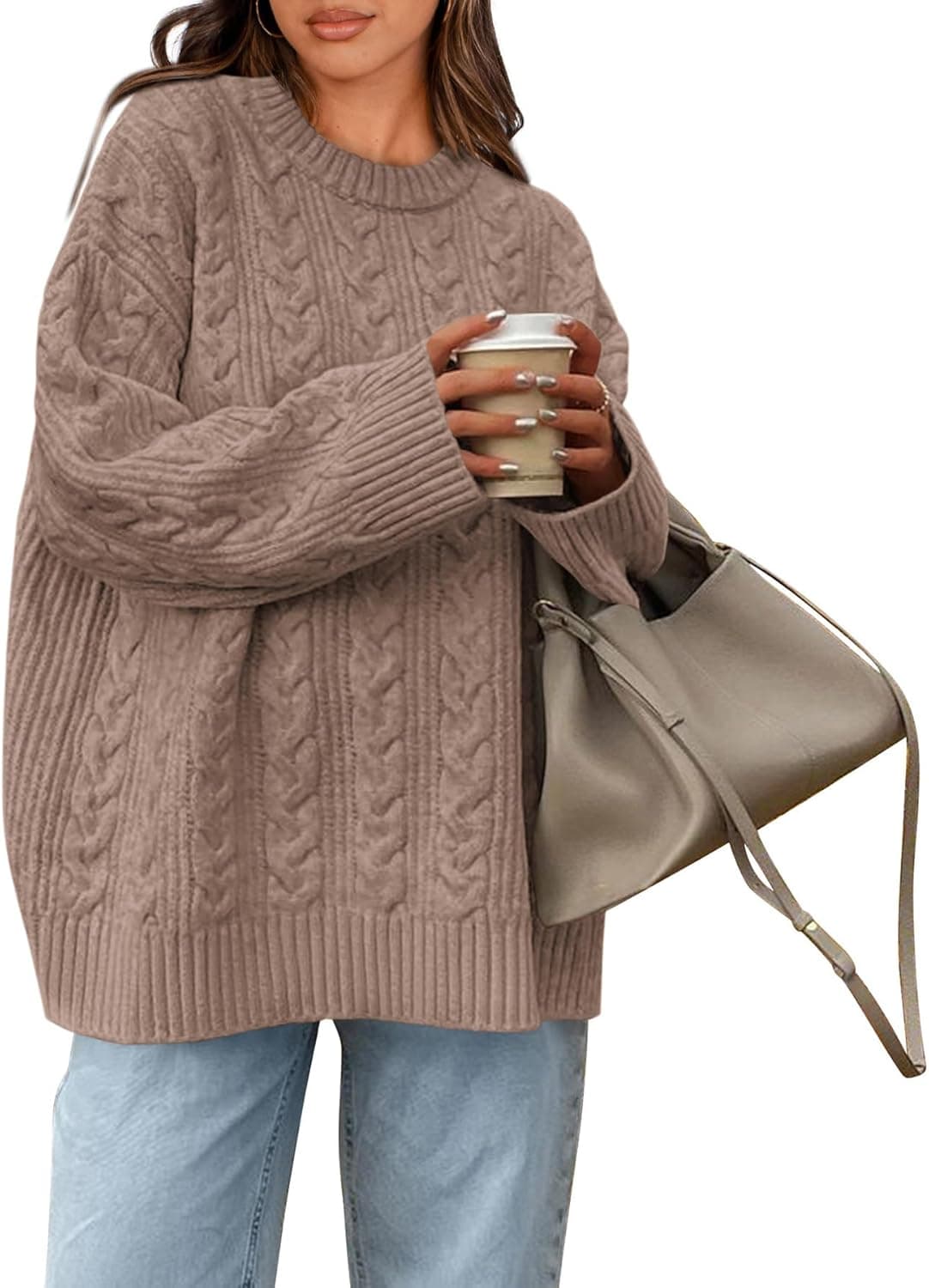 Okiwam Women's Oversized Sweaters Crewneck Cable Knit Pullover Casual Loose Fall Outfits Spring Fashion Clothes 2026