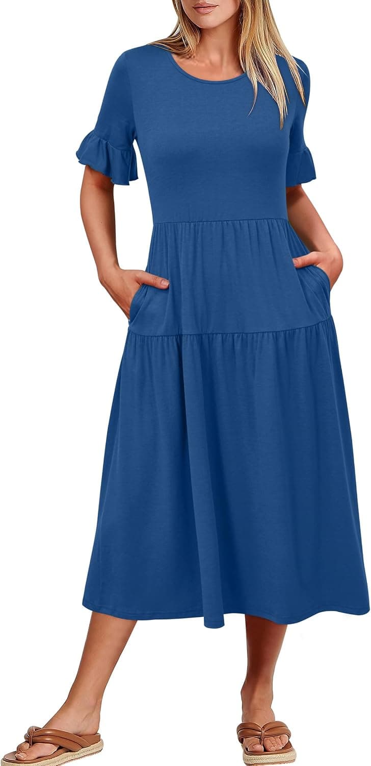 STYLEWORD Women's Summer 2026 Casual Short Sleeve Tiered Flowy Spring Dress Long Midi Beach Sundress Vacation Outfits