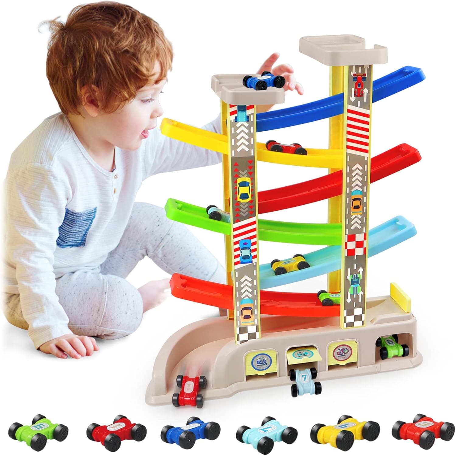 Montessori Toys for 2 3 Year Old Boys Toddlers, Car Ramp Toys with 6 Cars & Race Tracks, Garages and Parking Lots, Ramp Racer Toy Gift for Boys Girls Age 18 Months and Up, Multicolor - image 1