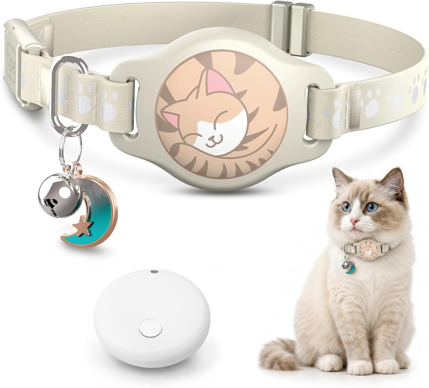 Cat Tracker Collar - Waterproof Airtag Cat Collar with Finder Tag (iOS ONLY), Compatible with Apple Find My, Breakaway Tractive Design with Reflective Pattern & Bell, Khaki(Not for Android Devices)