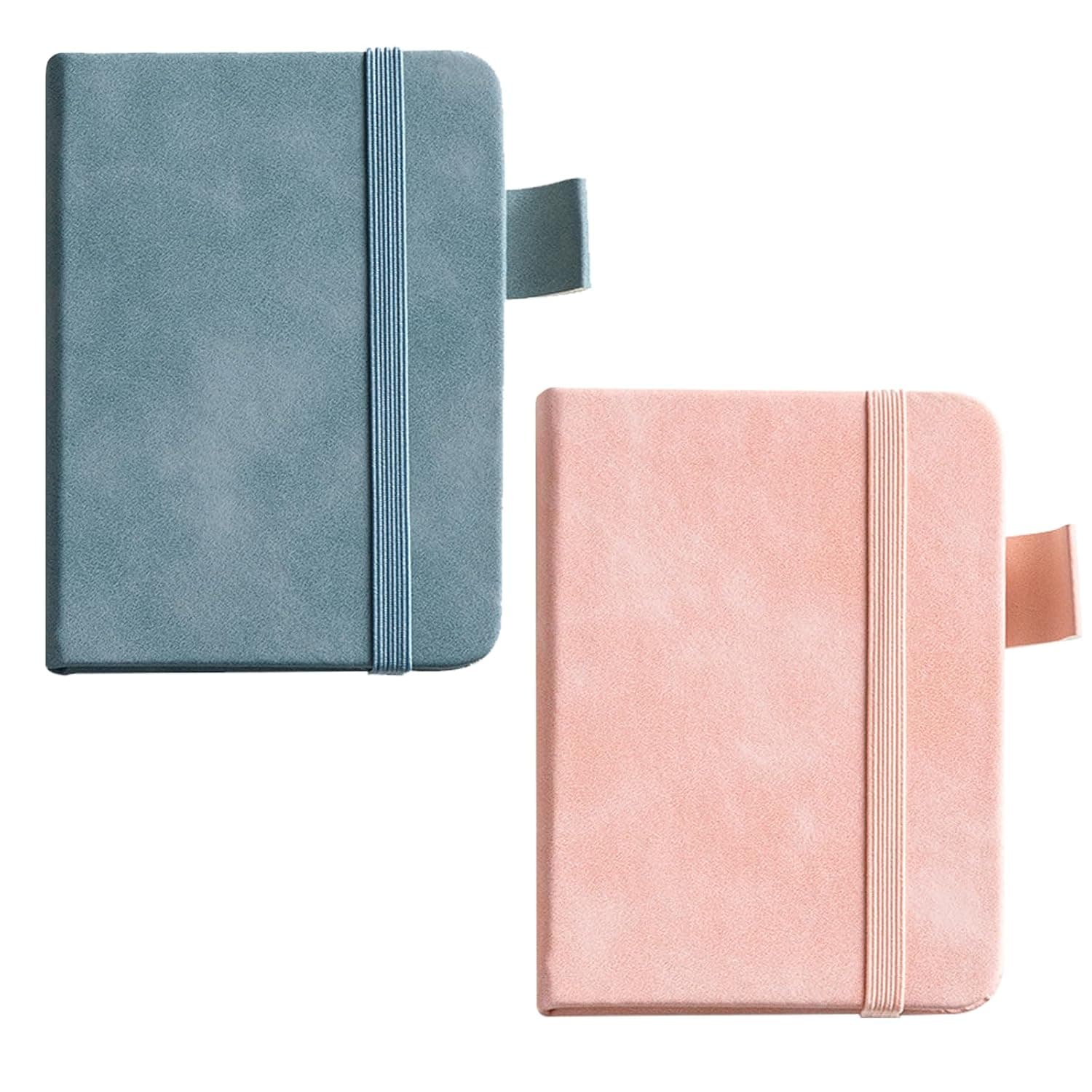 YJSDDNTY 2 x A7 notepad, mini notebook, pocket notebook, leather notebook with elastic closure band for travel, school, journal, travel diary (pink + blue)