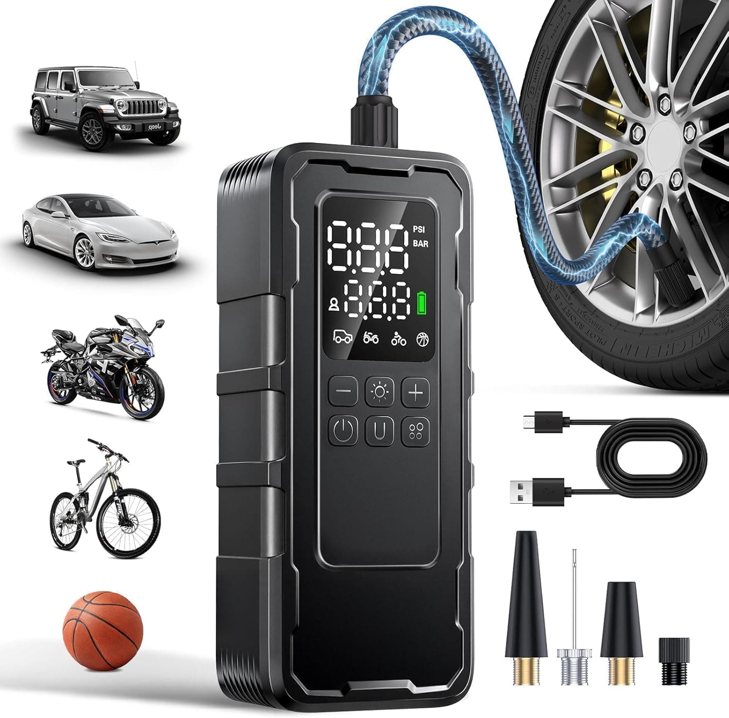 Tire Inflator Portable Air Compressor, 150 PSI Cordless Air Pump for Car Tires with Digital Pressure Gauge, Auto-Shutoff, LED Light, 12V Rechargeable Battery for Motorcycle, Bike, Ball, Inflatables - image 1