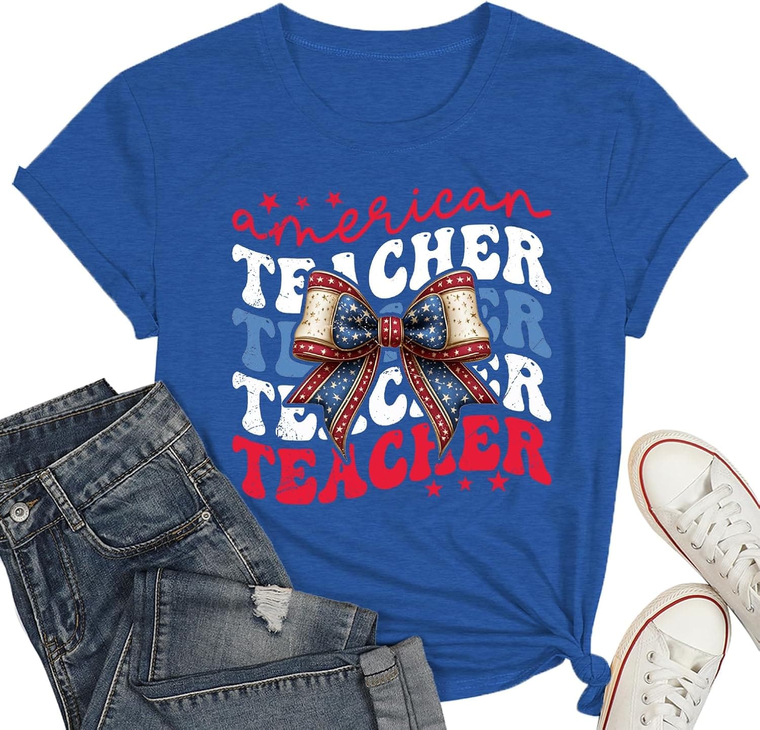 4th of July Teacher Bow Shirt for Women-Cute USA Teacher Short Sleeve Patriotic Cartoon Bow Tee Tops