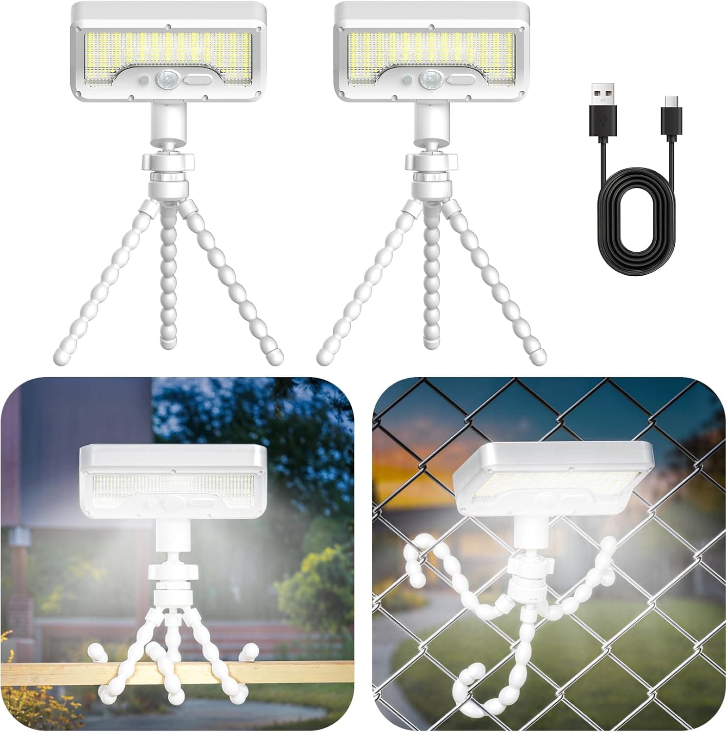 Tryme Solar Lights Outdoor with Motion Sensor, USB & Solar Powered, Adjustable Angle, 3 Modes, Octopus Stand, IP65 Waterproof Fence Lights for Garden, Gate (2 Pack) - image 1